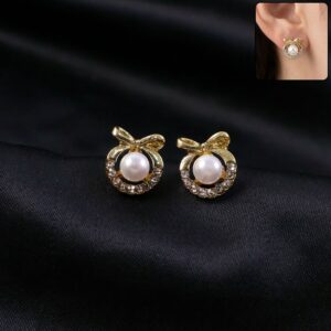 Korean Royal Bow-Knot Crystal Halo Pearl Studs For Girls And Women
