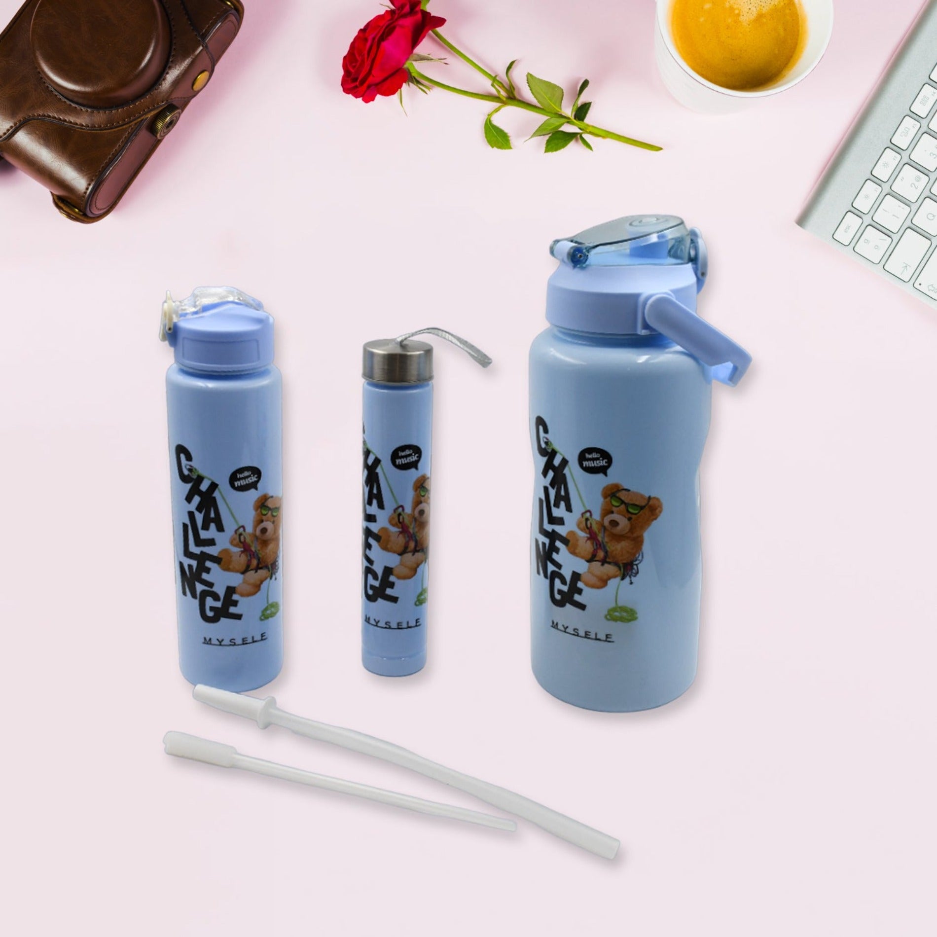 Plastic Water Bottle Set – BPA-Free, Leak-Proof, Cartoon Design Kids & Gym (3 Pc Set)