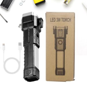 Portable 3W Rechargeable LED Torch with Long Beam, Hammer & Glass Cutter