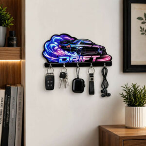 Drift Car Design Key Holder with 5 Hooks for Organizing Keys and Accessories (8x6 Inch)