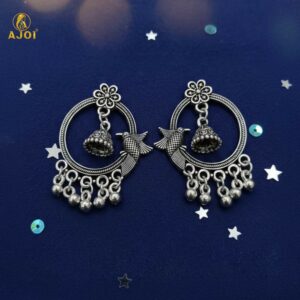 Regal Bird Motif Oxidized Silver Chandbali Earrings