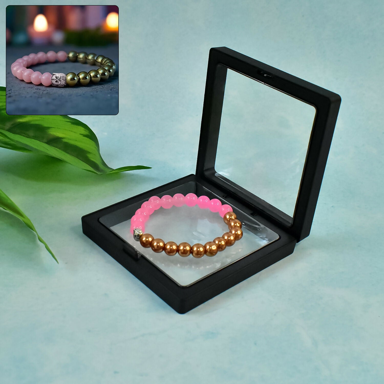 Elegant Dual-Tone Pink & Gold Beaded Bracelet in Display Case