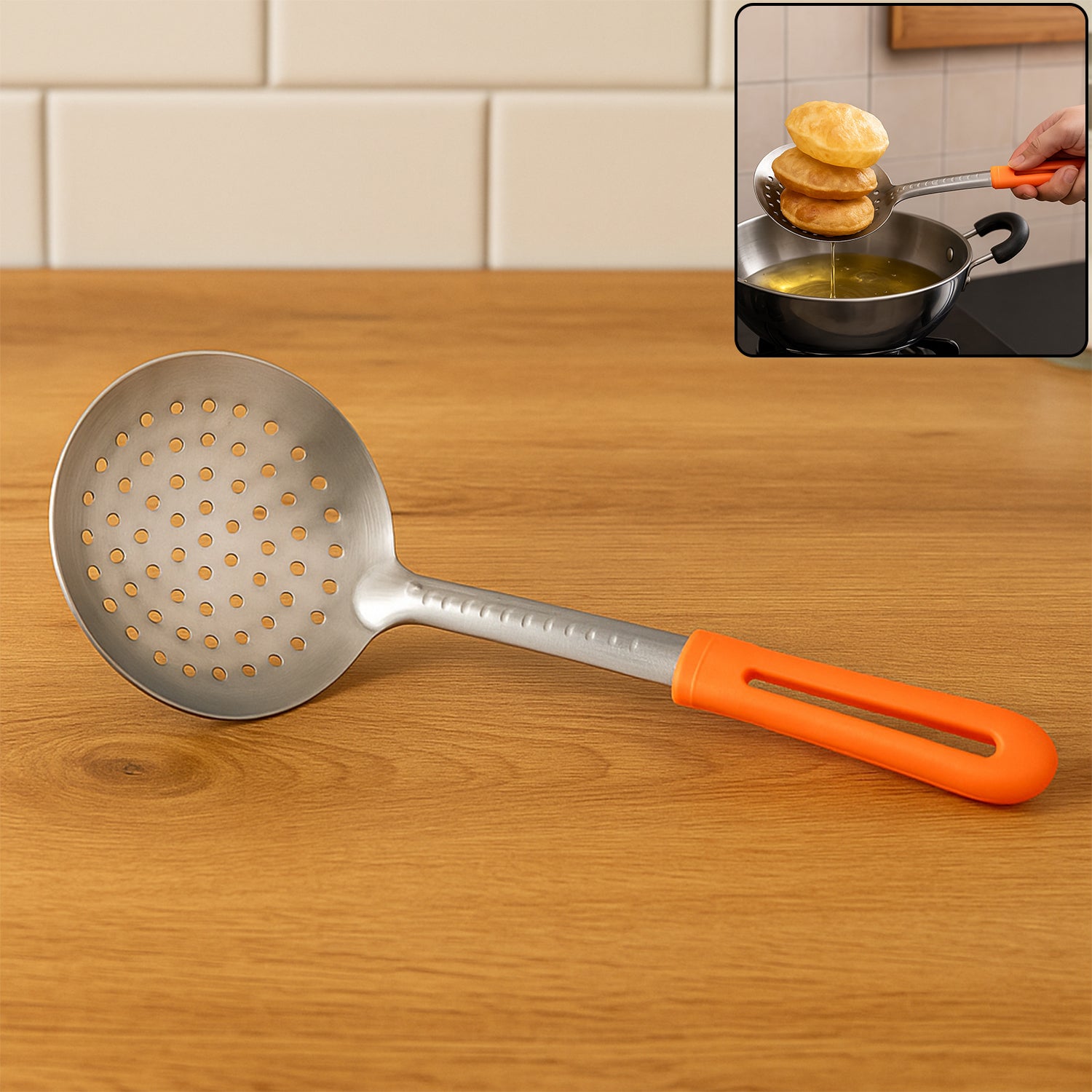Colander Spoon, Non Slip Hand Polished Thickened Hot Pot Spoon for Kitchen for Restaurant, Stainless Steel Cooking Colander Skimmer Slotted Spoon Kitchen Strainer Ladle with Long Handle for Kitchen Cooking Baking (35 Cm)