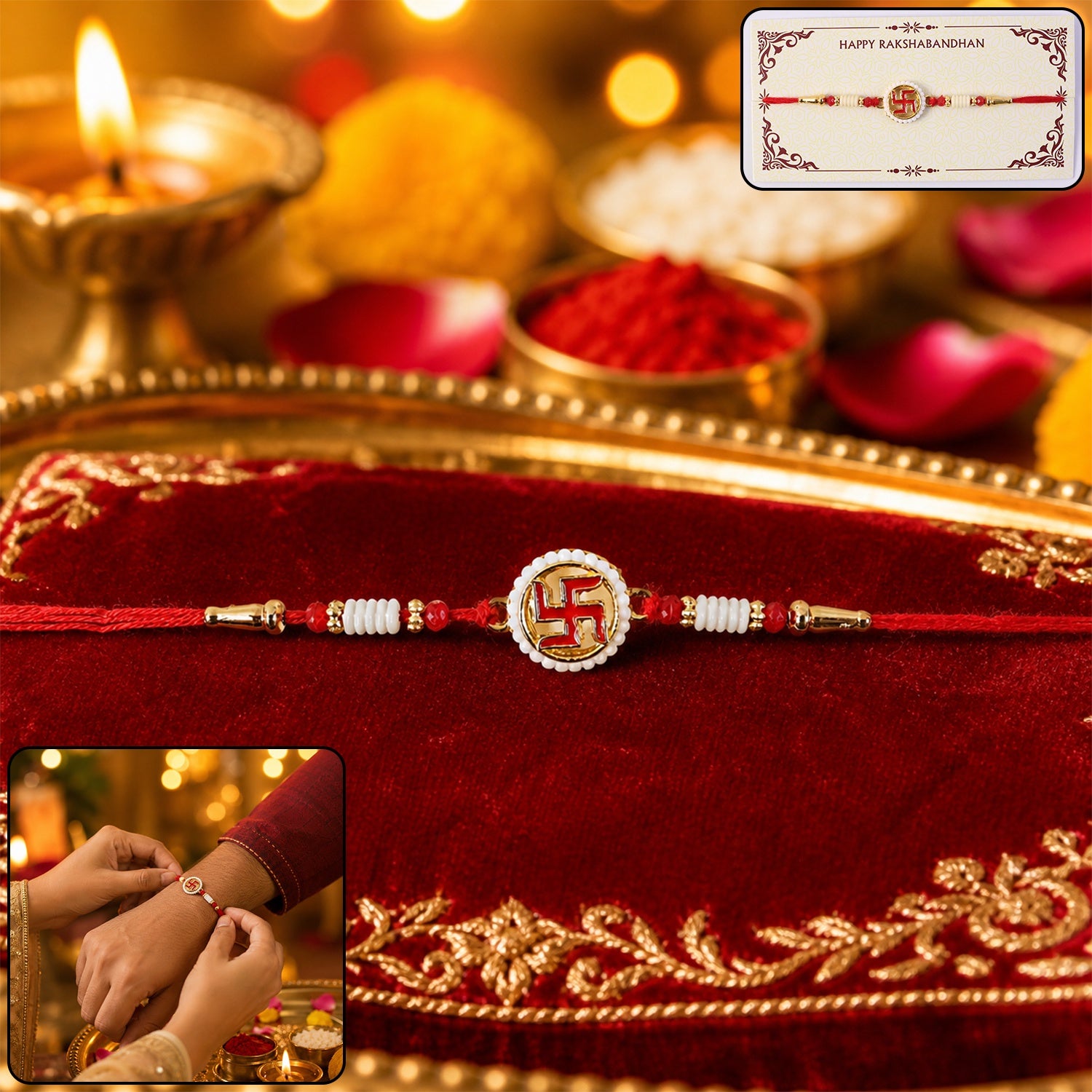 Swastik Pearl Frame Auspicious Rakhi