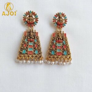 Colorful Lakshmi Temple Pearl Drop Earrings with Festive Ethnic Design for Women