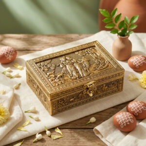 Handcrafted Golden Embossed Radha Krishna Metal Box