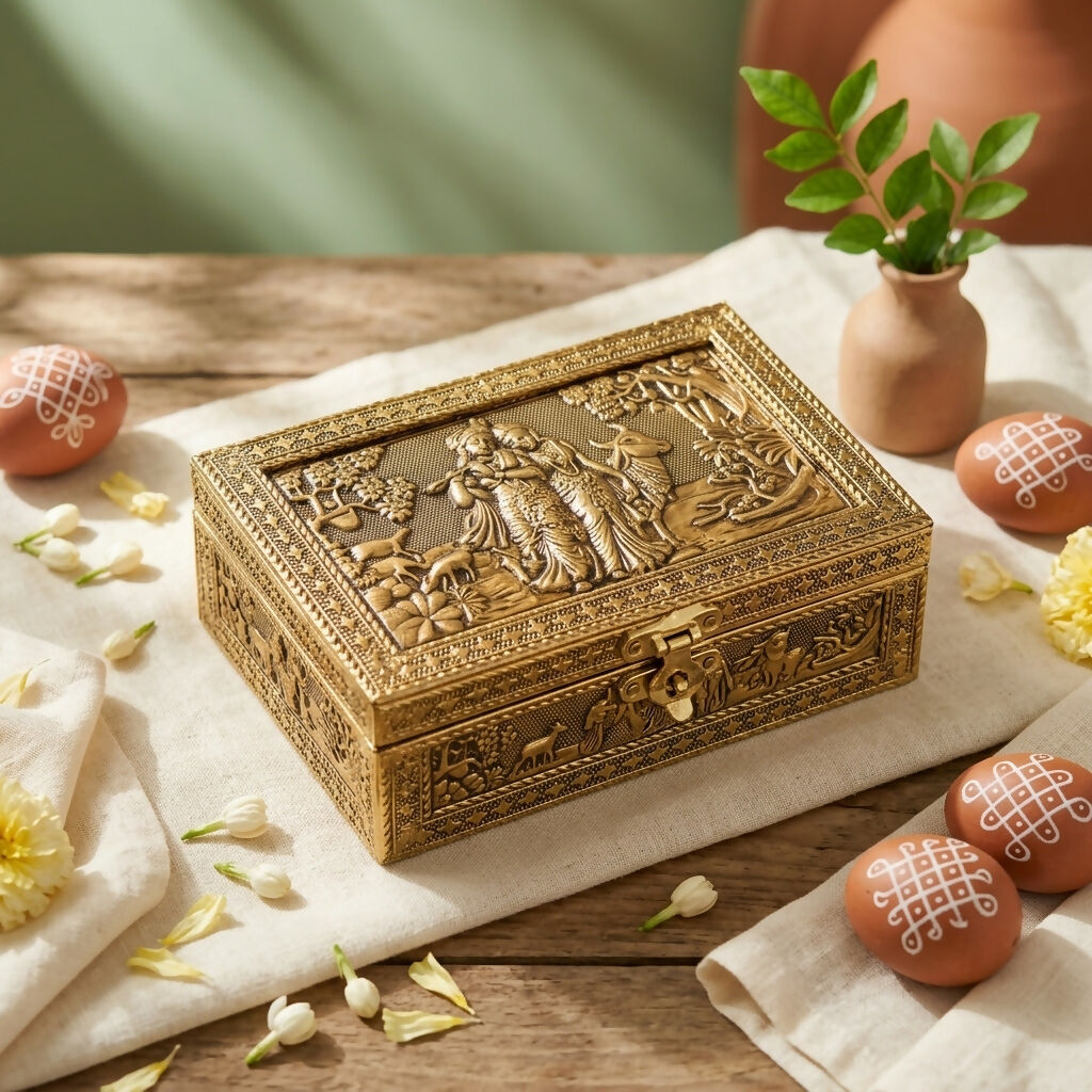 Handcrafted Golden Embossed Radha Krishna Metal Box