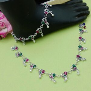 Traditional Silver Anklet with Red–Green Stones