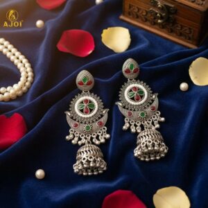 Multicolor Oxidized Silver Jhumka Earrings