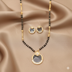 Gold Plated AD Circular Stud Earrings and mangalsutra with Grey Stone for women