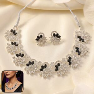 Elegant Silver-Plated Black Stone Necklace Set with Earrings For Woman