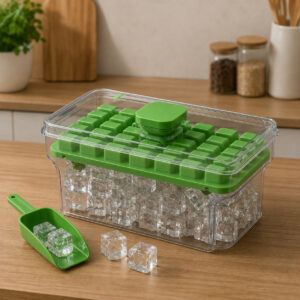 Green Ice Cube Tray with Storage Box & Scoop for Freezer and Kitchen Use
