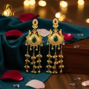 Traditional Kashmiri Gold-Plated Jhumka Earrings with Green Stone & Ghungroo Drops