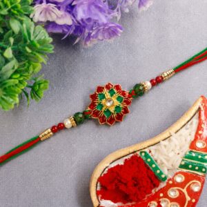 Traditional Floral Stone Work Rakhi with Red & Green Design Thread 1 Pc
