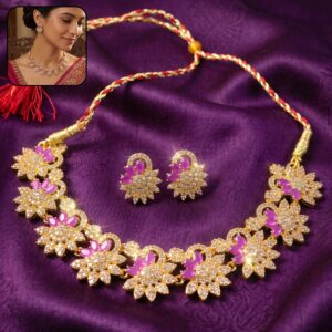 Elegant Pink Floral Necklace Set with Matching Earrings for Festive Occasions