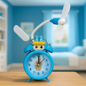 Cute Cartoon Dual Bell Kids Alarm Clock with Cooling Fan Loud Retro Table Clock