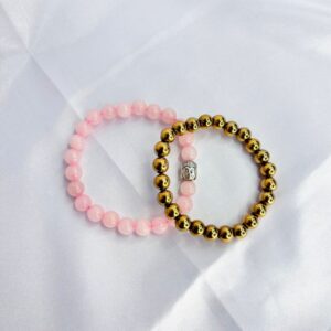 Reiki Crystal Products Natural Rose Quartz Bracelet With Buddha Head (2 pc set)