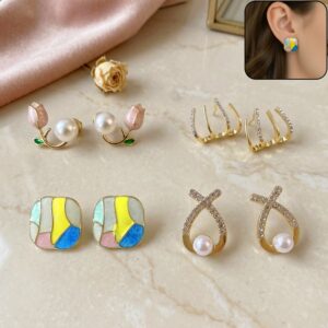 4 Pairs Korean Style Earrings Set for Women | Pearl, Stud & Zircon Combo