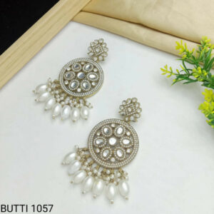 Gold-Finish Circular Buttis with White Kundan & Pearl Drops