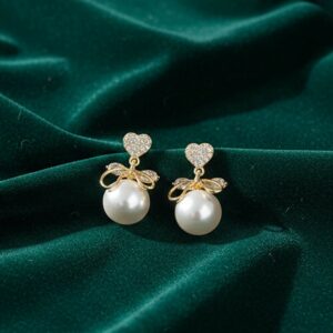 Romantic Heart Crystal & Pearl Bow Earrings – 14K Gold Plated Drop Earrings for Women