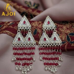 Royal Triangle Ruby Drop Silver Designer Earrings with Statement Bead Tassels