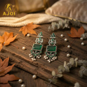 Royal Green Kundan & Pearl Antique Silver Earrings Women And Girls.