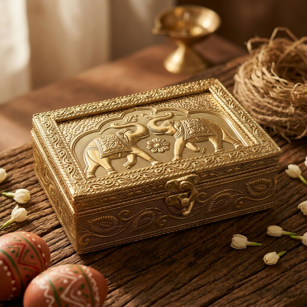 Handcrafted Brass Jewelry Box with Elephant Design – Antique Gold Finish