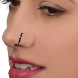 Black Crystal Line Nose Ring | Indian Style Gold Bar Nose Stud Combo Pack of 2