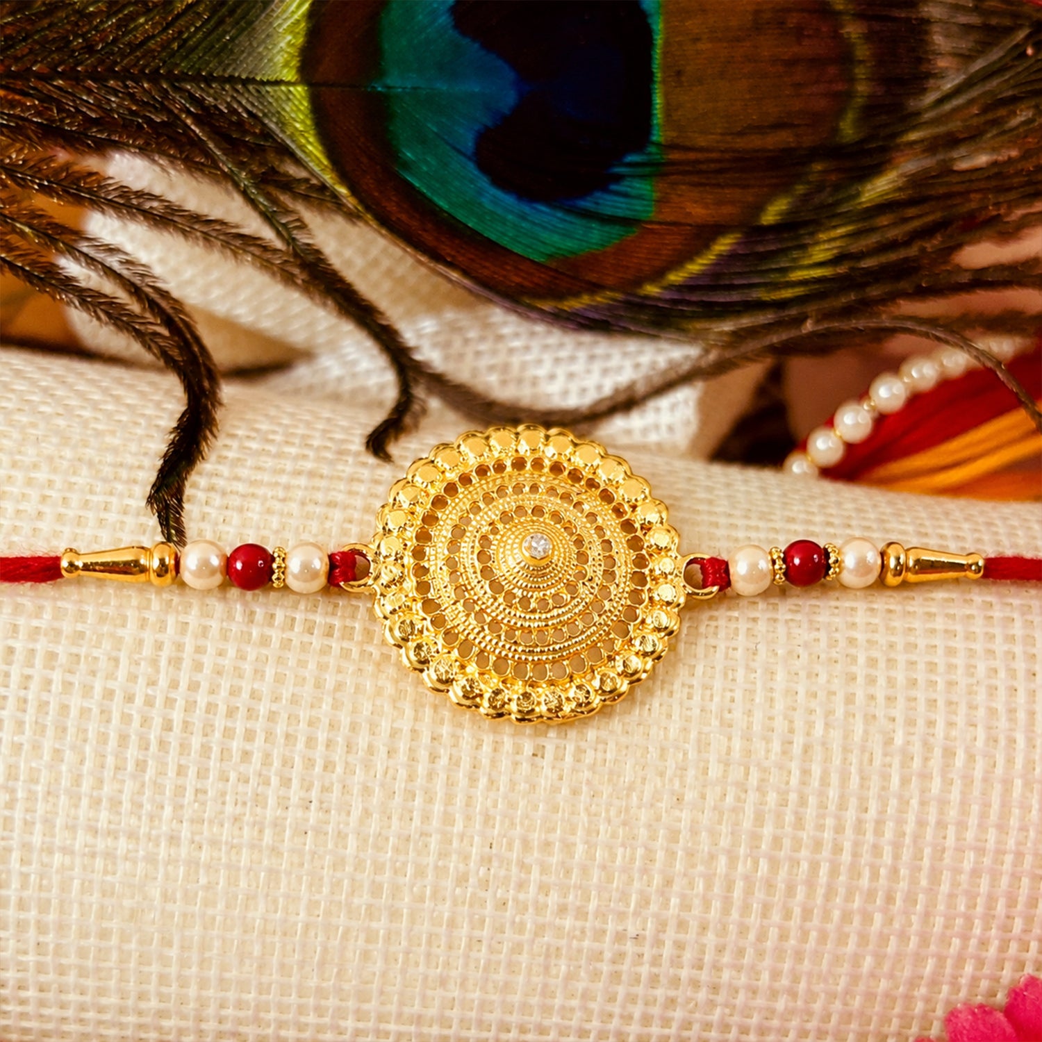 Premium Gold Round Designer Rakhi with Pearl Beads 1 Pc