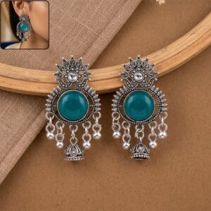 Oxidized Silver-Plated Teal Green Stone Jhumka Earrings | Traditional Ethnic Jewelry