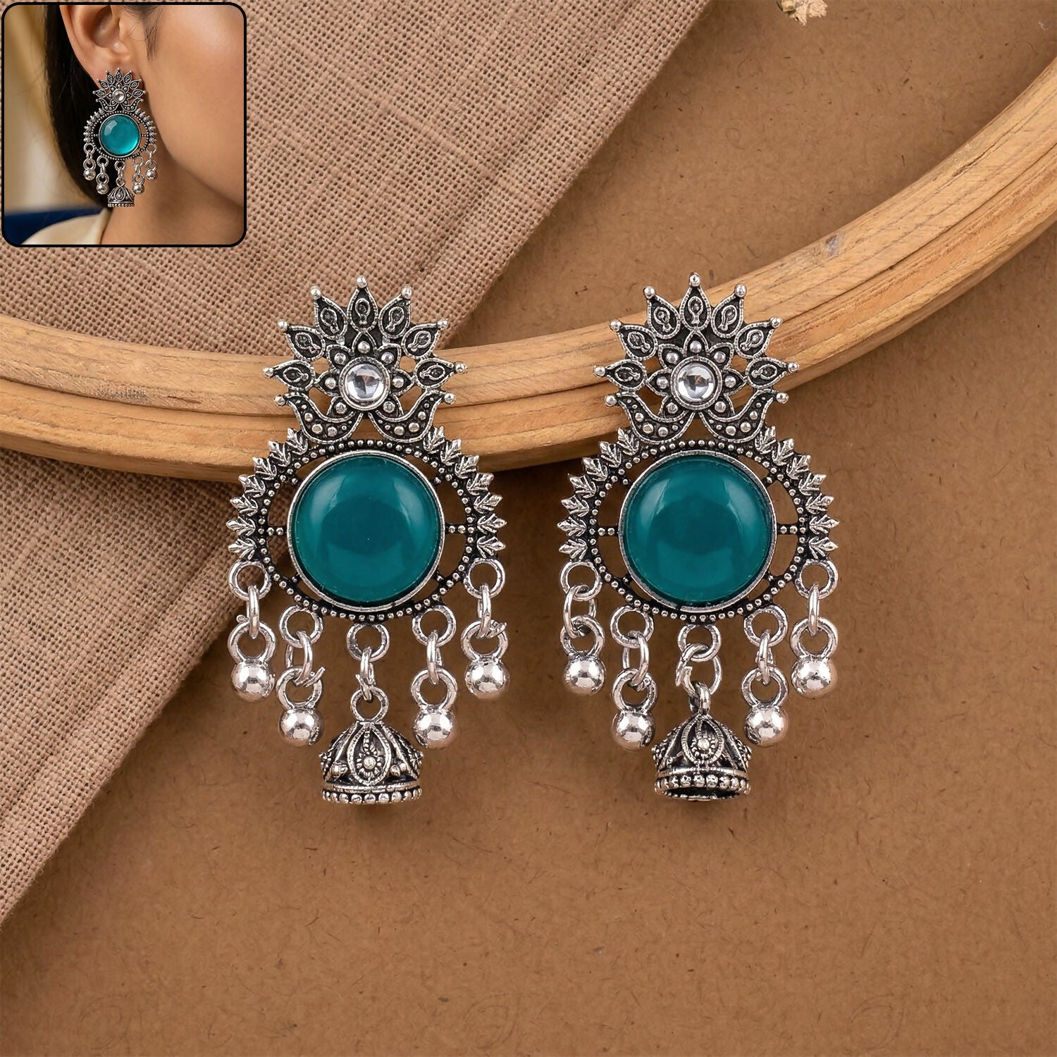 Oxidized Silver-Plated Teal Green Stone Jhumka Earrings | Traditional Ethnic Jewelry