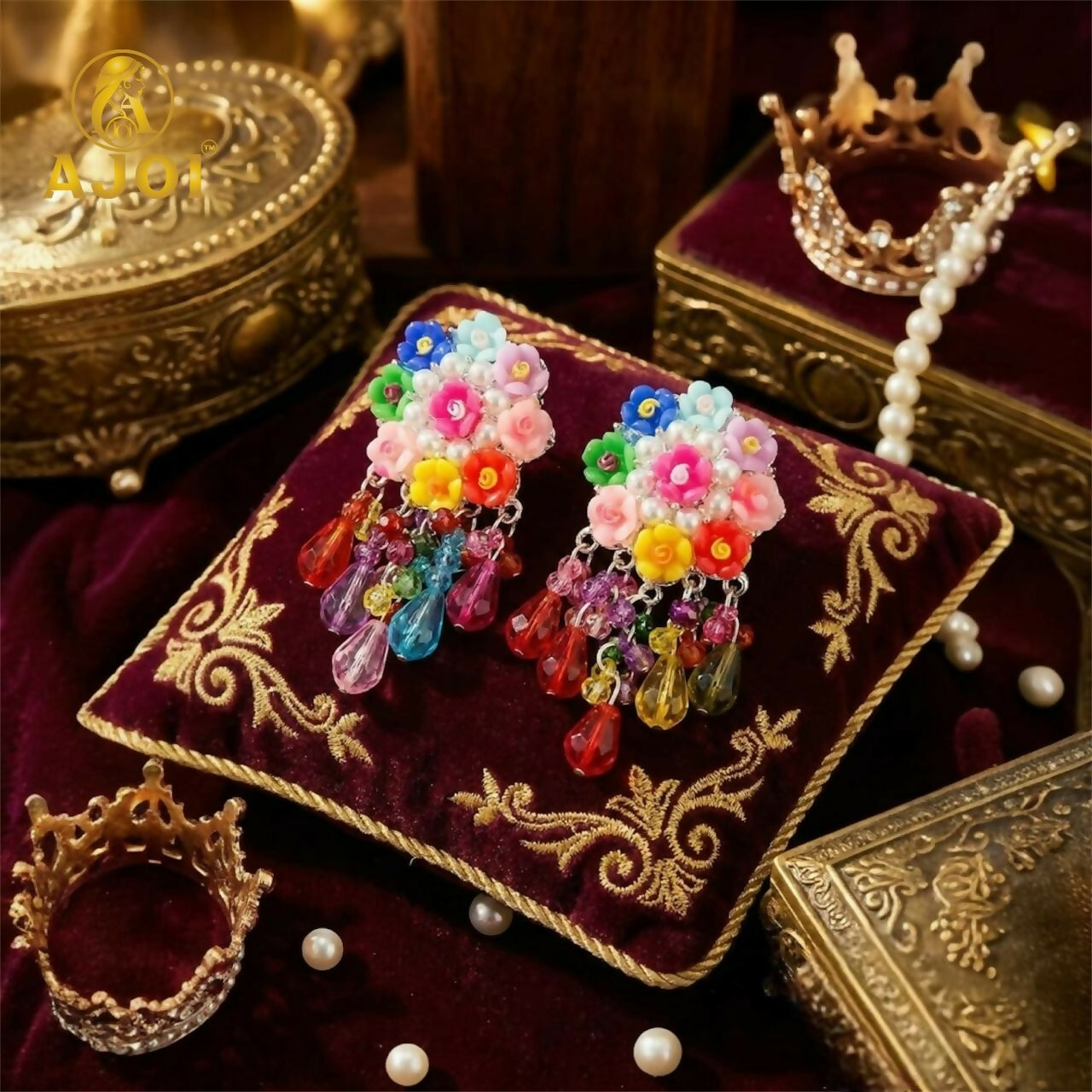 Handcrafted Flower Beads Earrings with Multicolor Crystal Drops – Cute, Vibrant & Trendy.