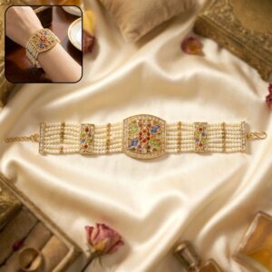 Traditional Pearl Bracelet with Intricate Gold Design and Multi-Colored Stones
