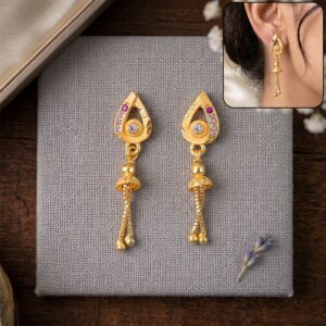 Ethnic Gold-Plated Leaf Motif Chain Drop Earrings for Women (1 Pair)