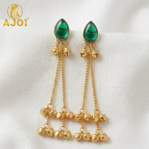 Elegant Green Stone Gold Plated Chain Drop Earrings with Ghungroo Bells