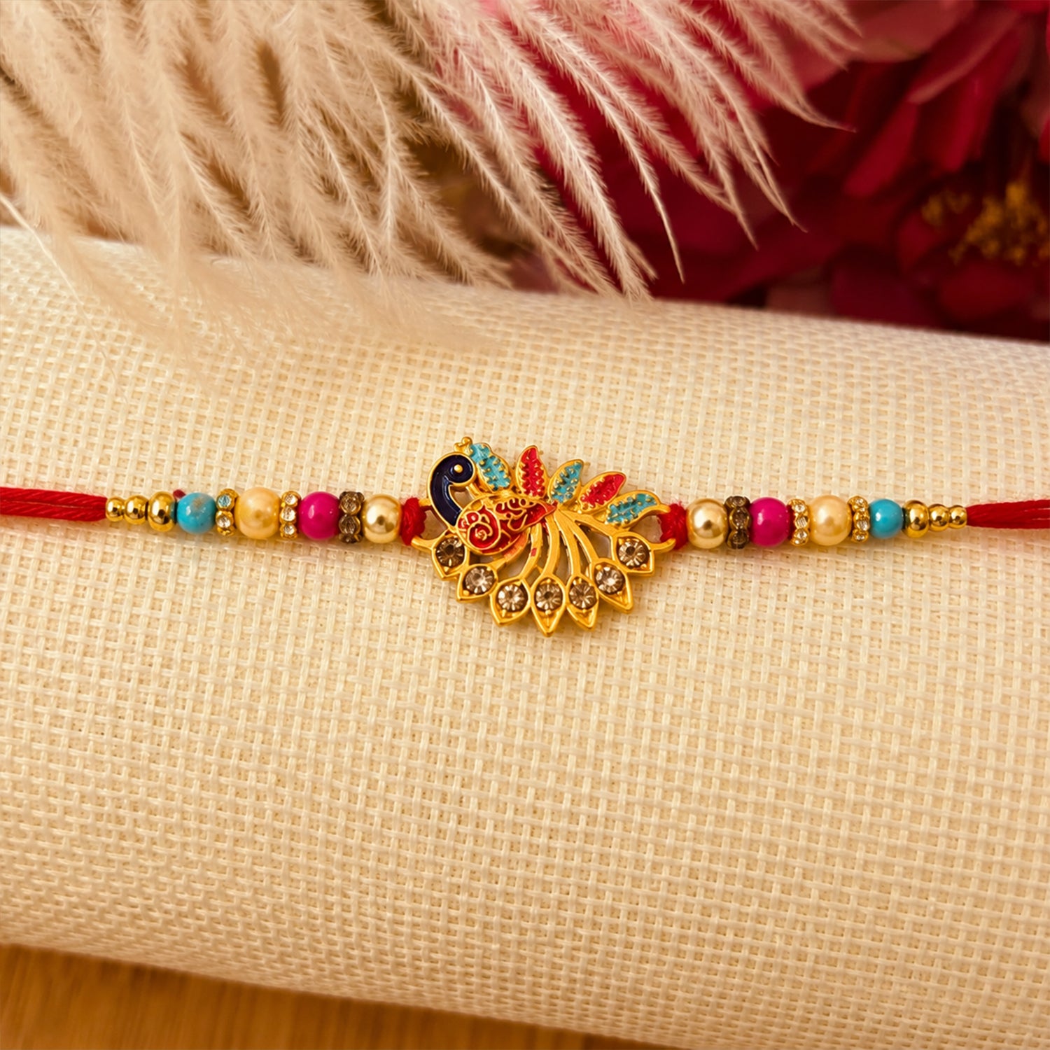 Colorful Peacock Design Rakhi with Decorative Stones & Beads 1 Pc