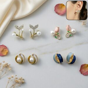 4 Pairs Korean Style Earrings Set for Women | Pearl, Stud & Zircon Combo