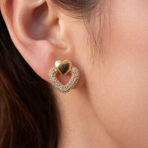 Heart Design Stud Earrings with Crystal-Style Accents For Woman & Girl