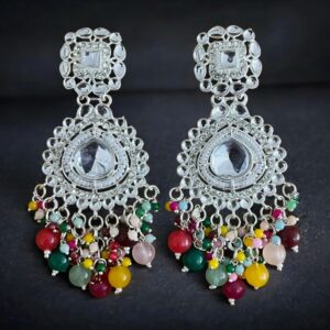 Oxidized Silver Chandbalis with Multi-Color Bead Drops earrings