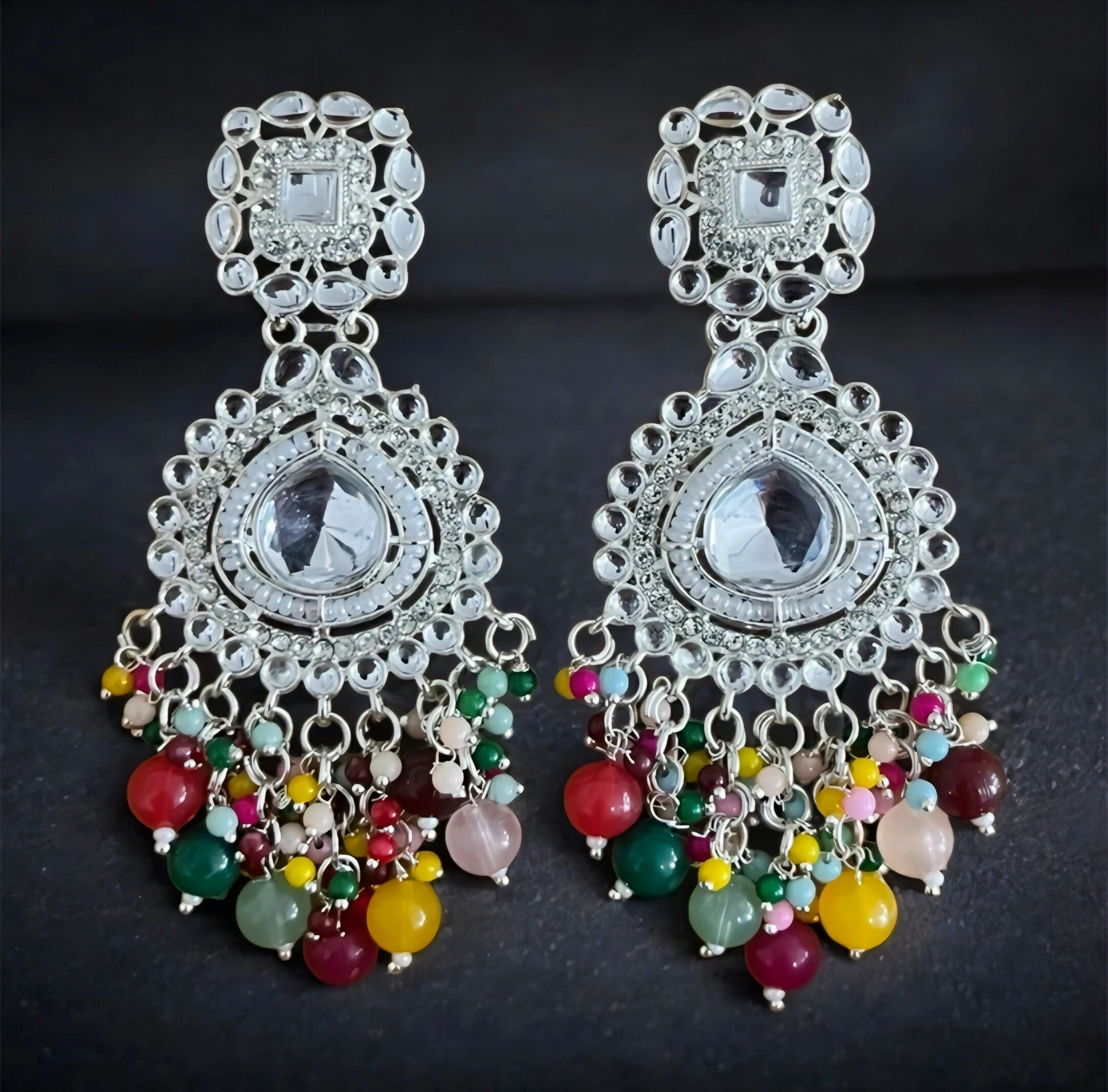 Oxidized Silver Chandbalis with Multi-Color Bead Drops earrings