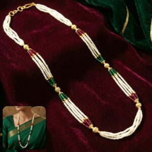 Traditional Multi-Layer Pearl Beaded Necklace with Red, Green & Gold Accent Detailing