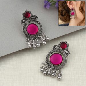 Antique Oxidized Silver Jhumka Earrings with Magenta Pink Stones and Silver Ghungroo Beads