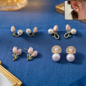 Designer Butterfly Floral Pearl Stud Earrings for Women & Girls (4 Pair)