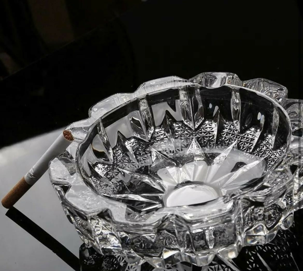 Diamond-Cut Crystal Glass Ashtray for Home, Bar & Office Decor
