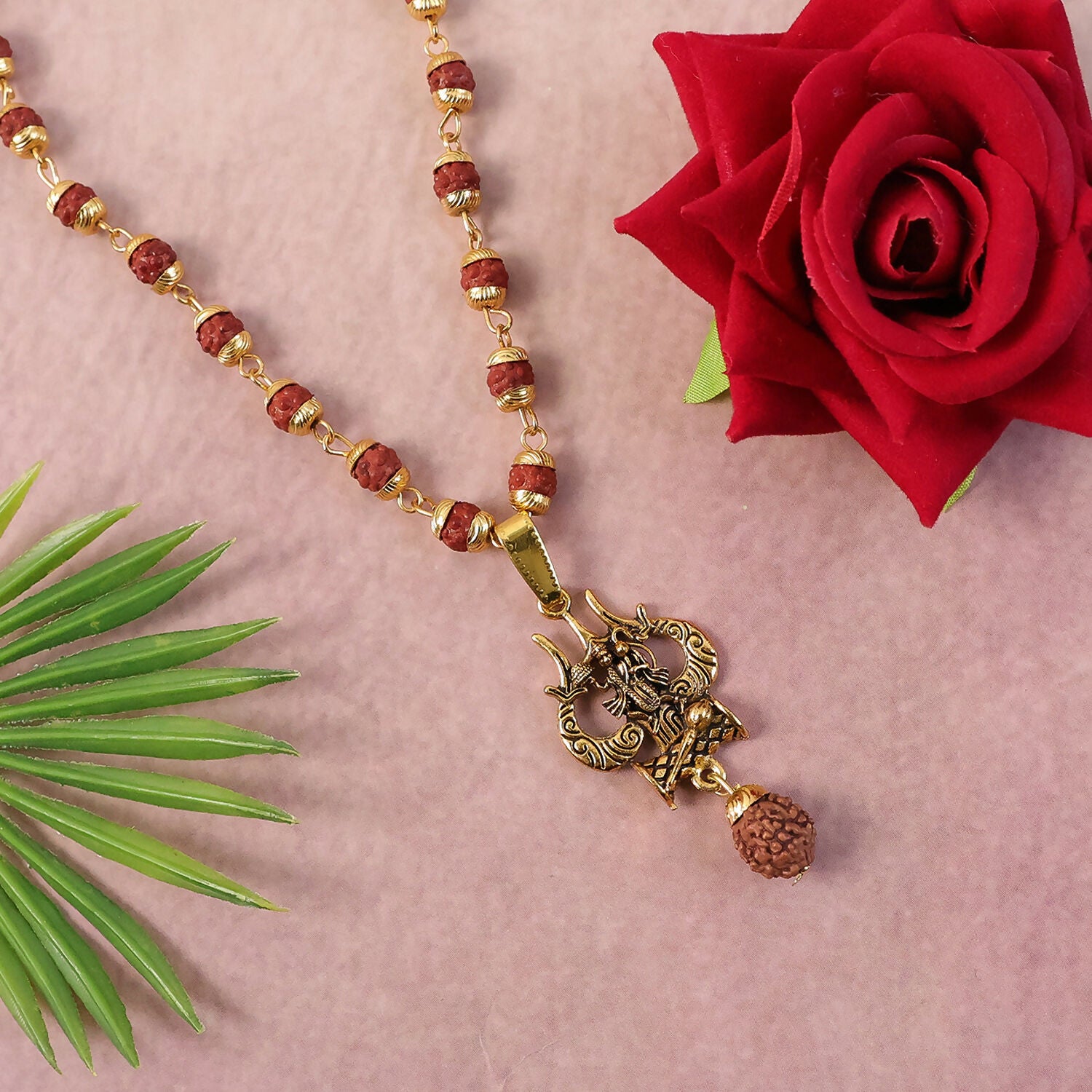 Rudraksha Hanuman Trishul Pendant Gold Beaded Necklace