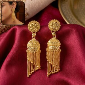 Elegant Golden Jhumka Earrings with Beaded Chain Tassels