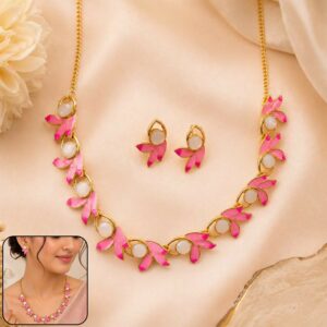 Pink Floral Gold-Plated Necklace and Earrings Jewellery Set for Women