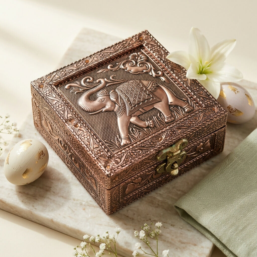 Handcrafted Elephant Embossed Metal Jewelry Storage Box Decorative Organizer