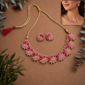 Elegant Rose Gold Necklace & Earrings Set with Red Stones