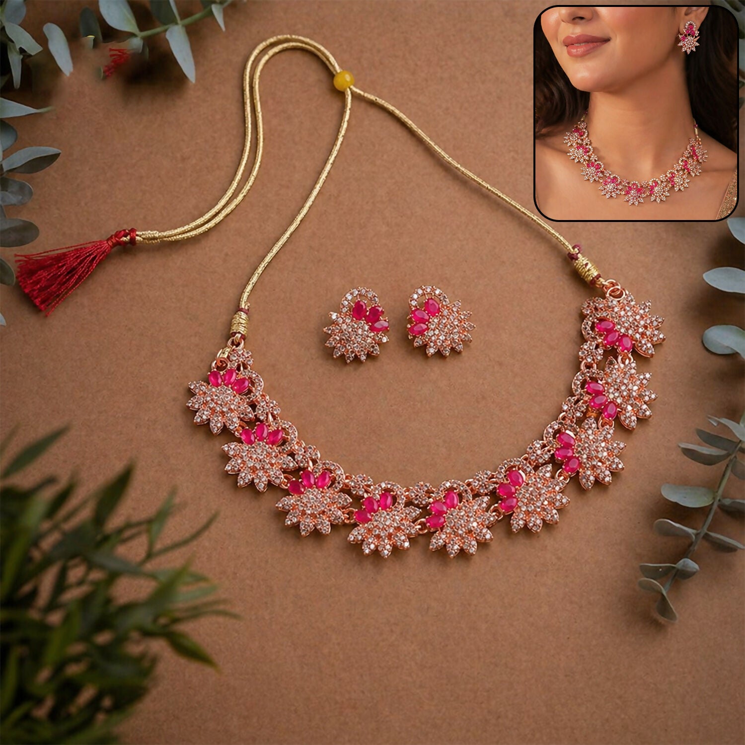 Elegant Rose Gold Necklace & Earrings Set with Red Stones